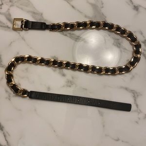 B-Low the Belt Black Leather Gold Skinny Chain Belt, Size Medium